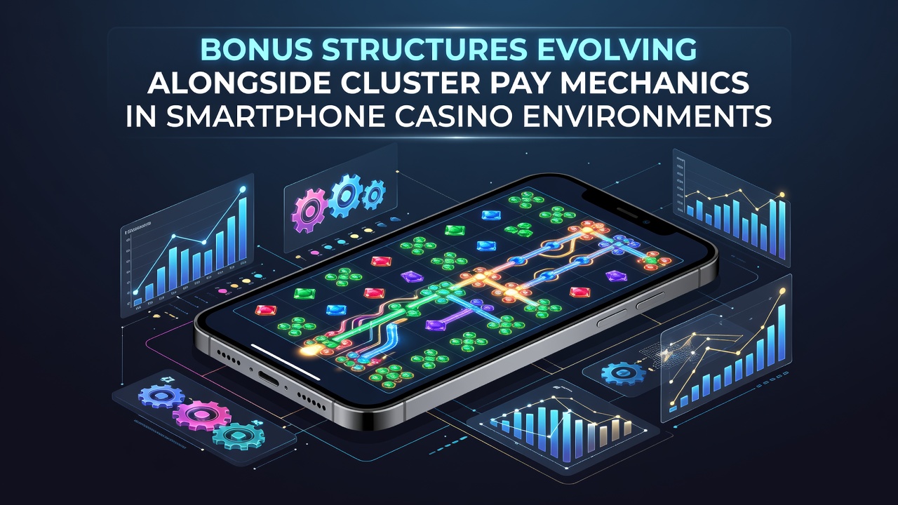 Smartphone screen displaying cluster pay slot game with bonus activation overlay