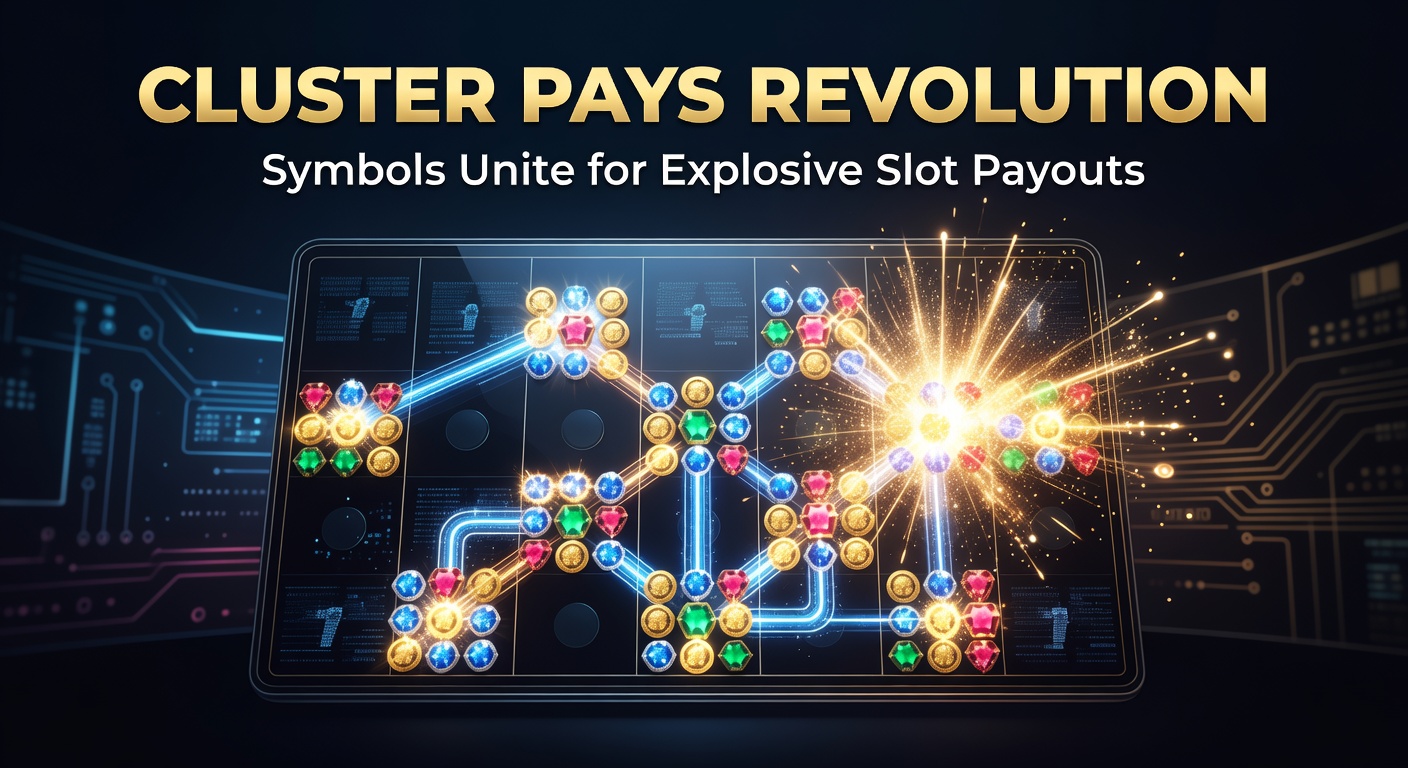 Vibrant cluster of slot symbols exploding into a winning formation on a digital screen, showcasing the dynamic Cluster Pays mechanic in action