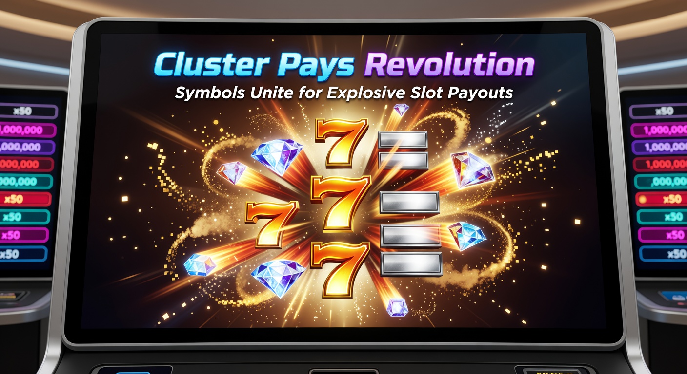 Close-up of a slot grid bursting with colorful symbol clusters, multipliers overlayed, illustrating a high-payout chain reaction in a Cluster Pays game