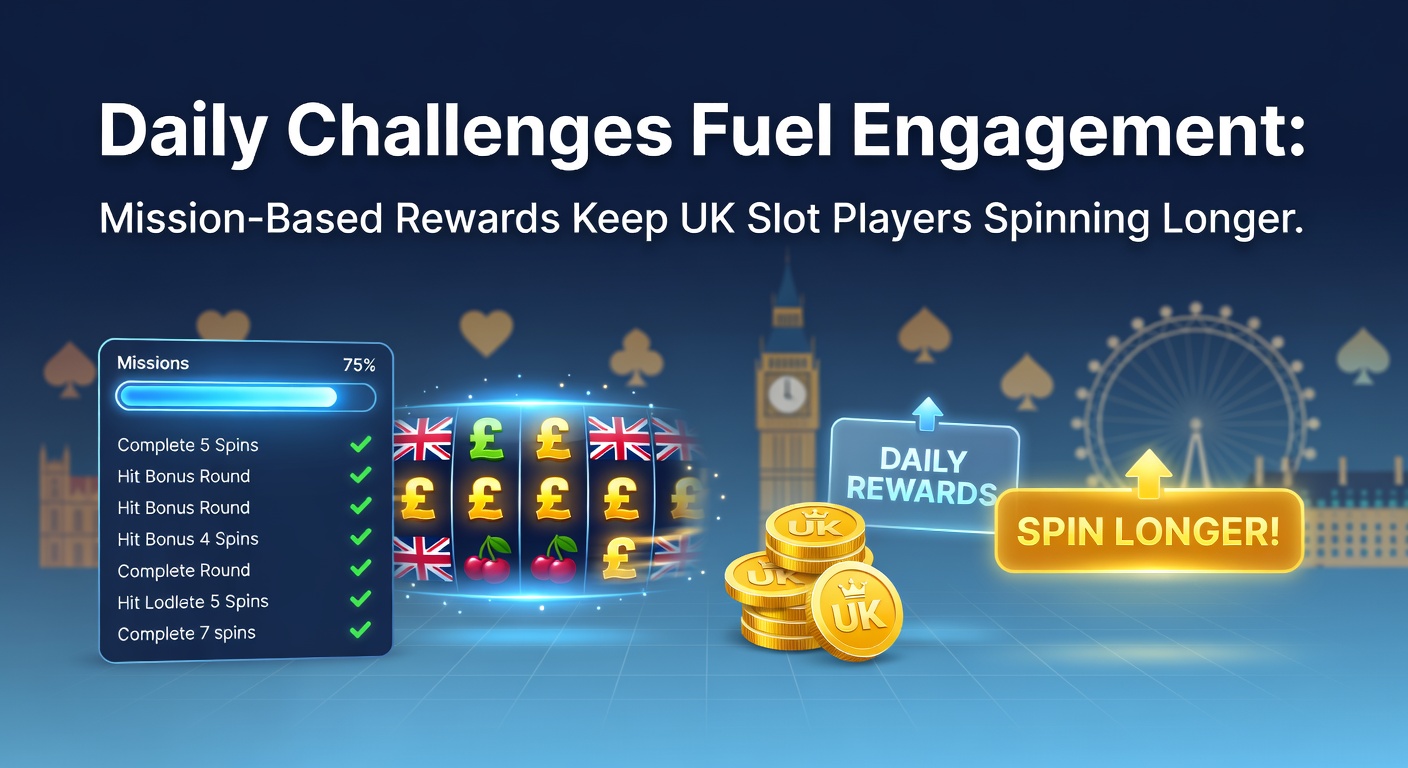 Vibrant slot game screen showing daily challenge progress bar with mission icons and reward badges glowing against a colorful reel backdrop