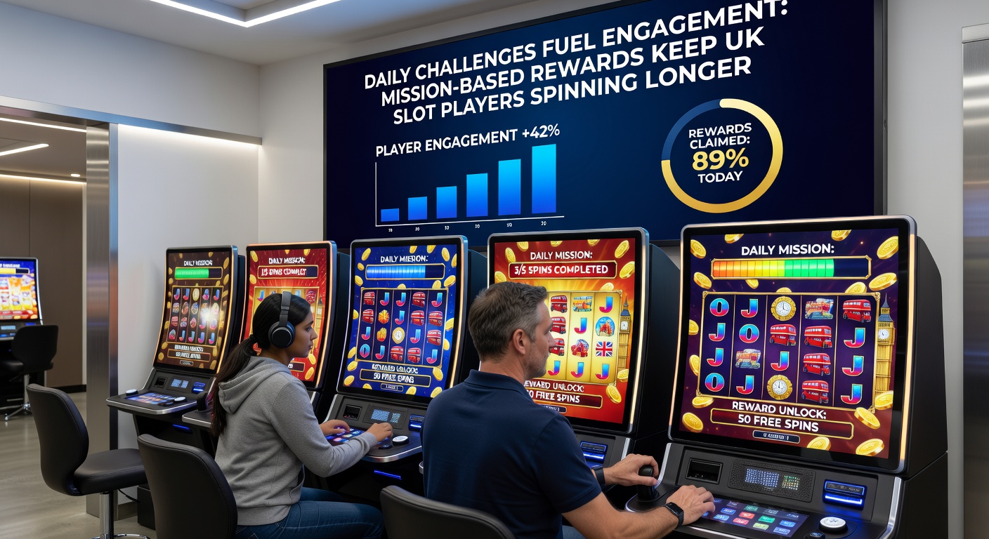 Close-up of mobile slot interface displaying active daily missions with progress trackers, ticking clocks, and stacked reward coins amid spinning reels