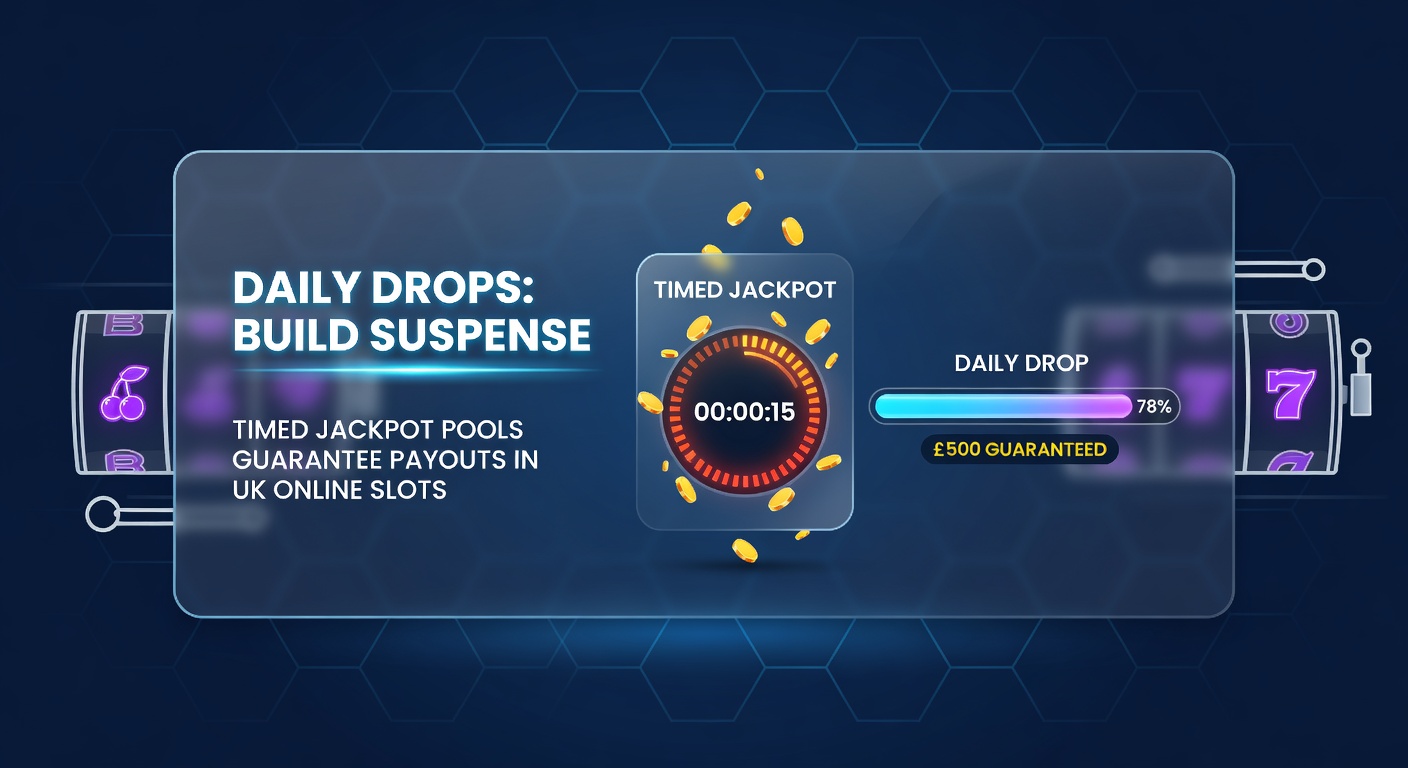 Close-up of a mobile slot interface with a countdown timer on a daily drop jackpot, coins raining down as the pool reaches payout threshold