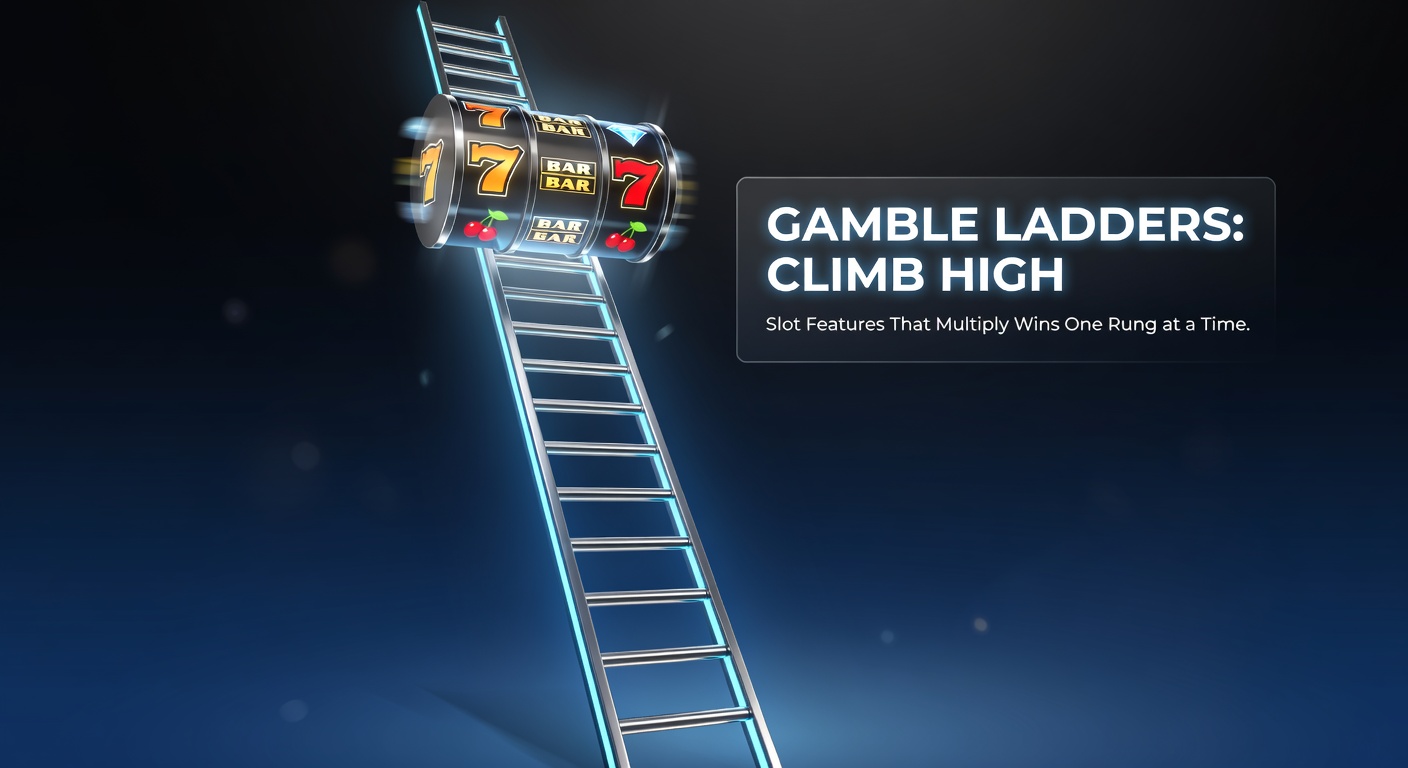 Animated slot screen showing a glowing gamble ladder with multipliers climbing rung by rung toward a jackpot prize
