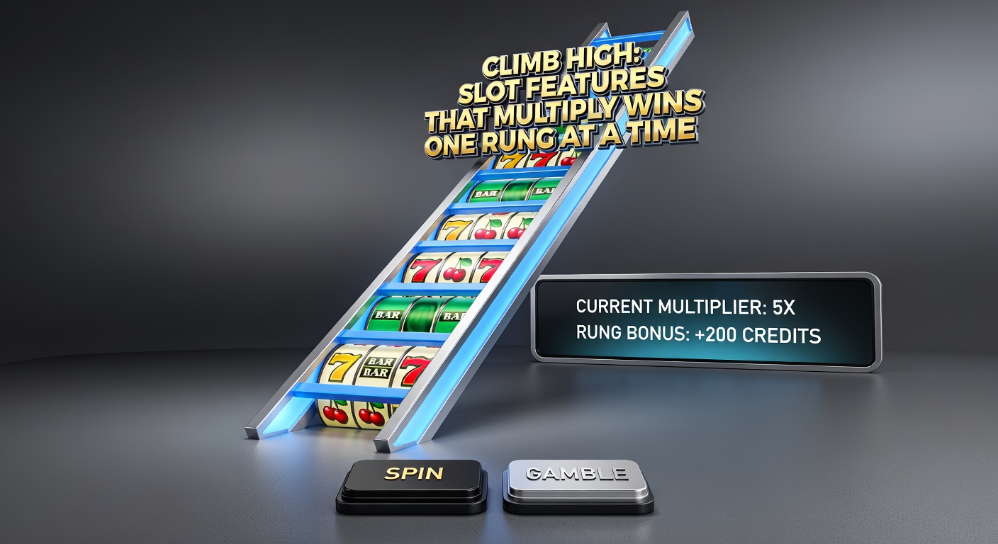 Close-up of a slot gamble ladder interface with lit-up rungs, multipliers glowing, and a pointer poised for the next climb