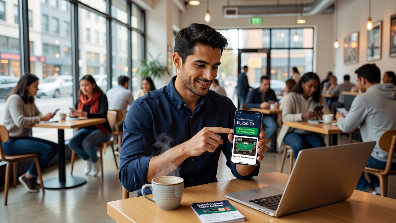 Smartphone displaying phone-based banking app alongside live dealer casino table interface