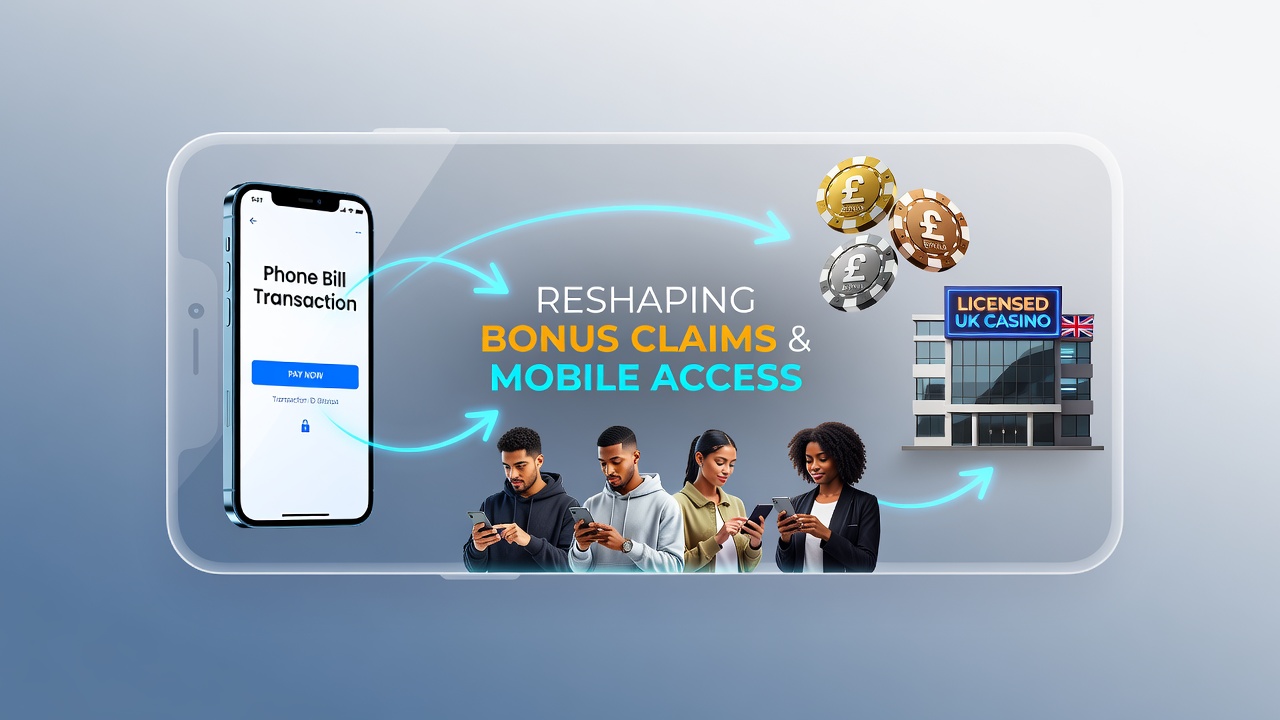 Mobile phone screen displaying casino app with phone bill payment option highlighted alongside bonus notification