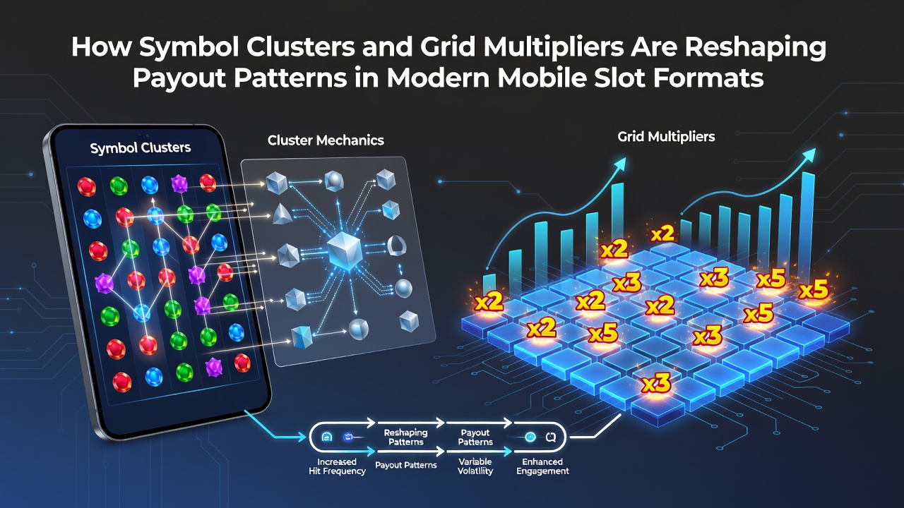 Mobile slot screen displaying connected symbol clusters with active grid multipliers highlighted during gameplay