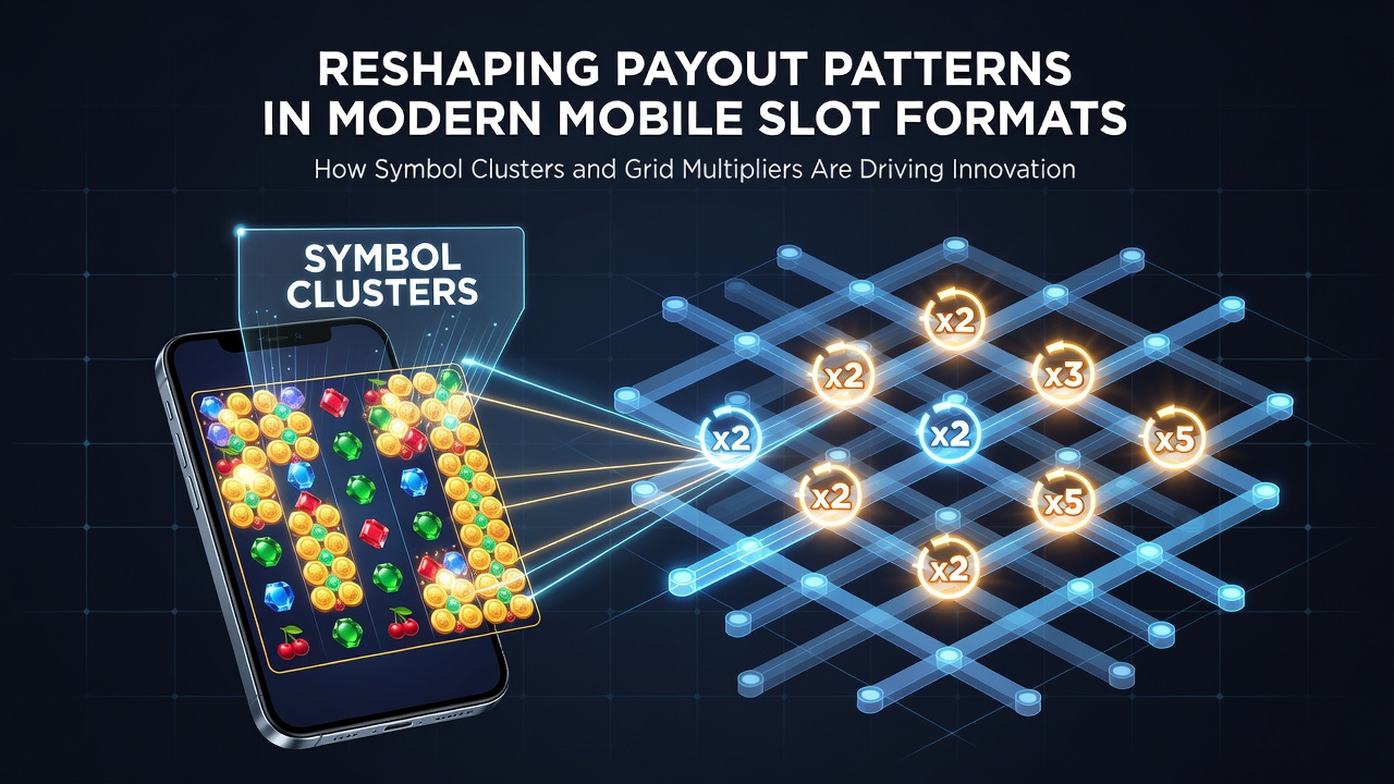 Smartphone displaying a grid multiplier activation sequence after a large symbol cluster forms in a mobile slot game