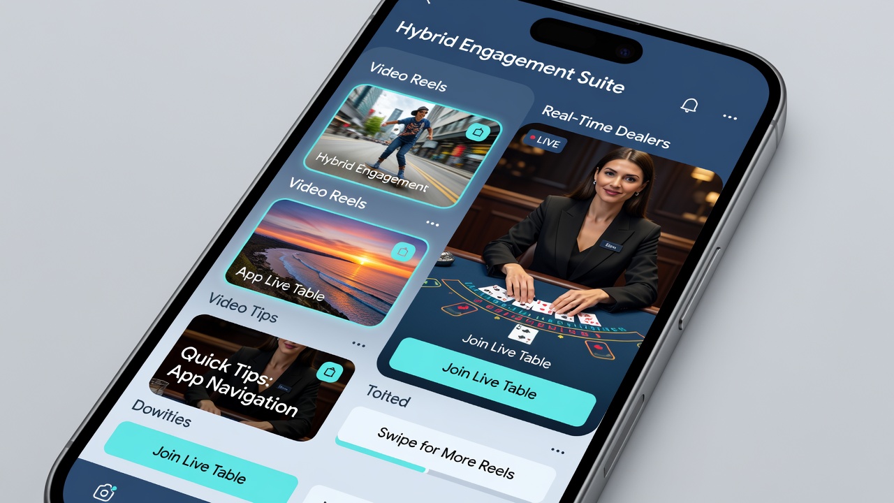 Close-up view of a mobile screen displaying merged video reels and live dealer chat elements during active play