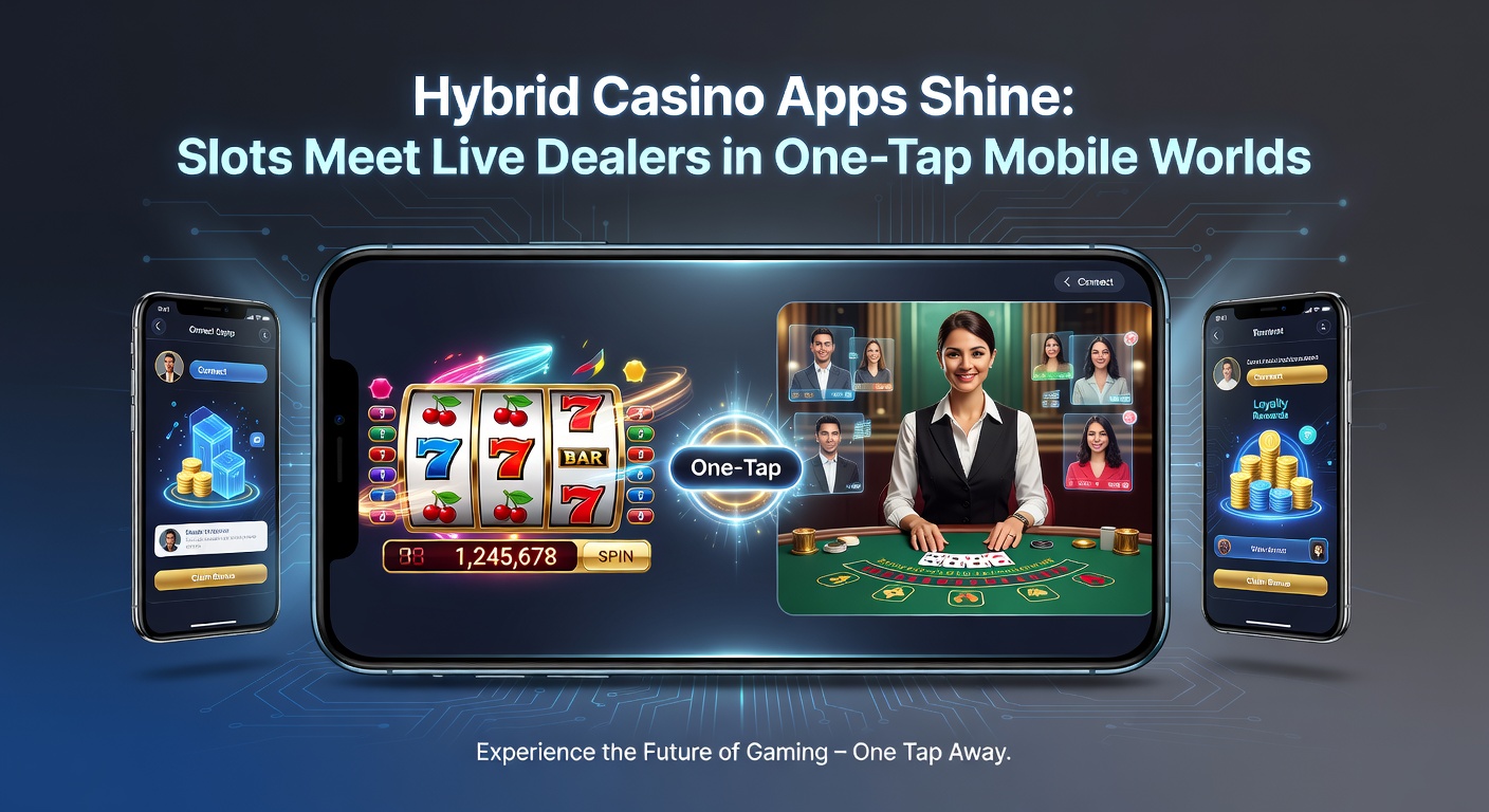 Close-up of a hybrid app interface on a tablet, showing slot reels paused next to a live dealer dealing roulette, with one-tap button glowing between them