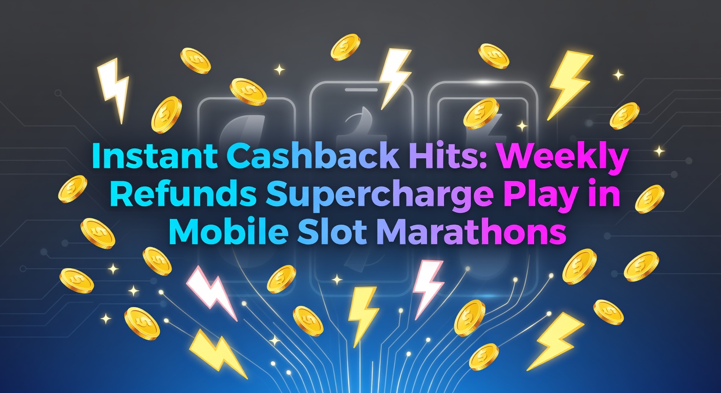 Mobile phone screen displaying a vibrant slot game with cashback notification popping up during a marathon session, colorful reels spinning and refund icons glowing