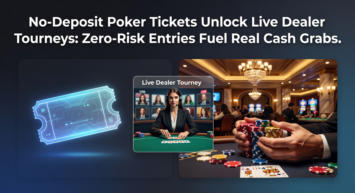 A vibrant poker tournament screen showing live dealers dealing cards at a digital table with no-deposit entry banners