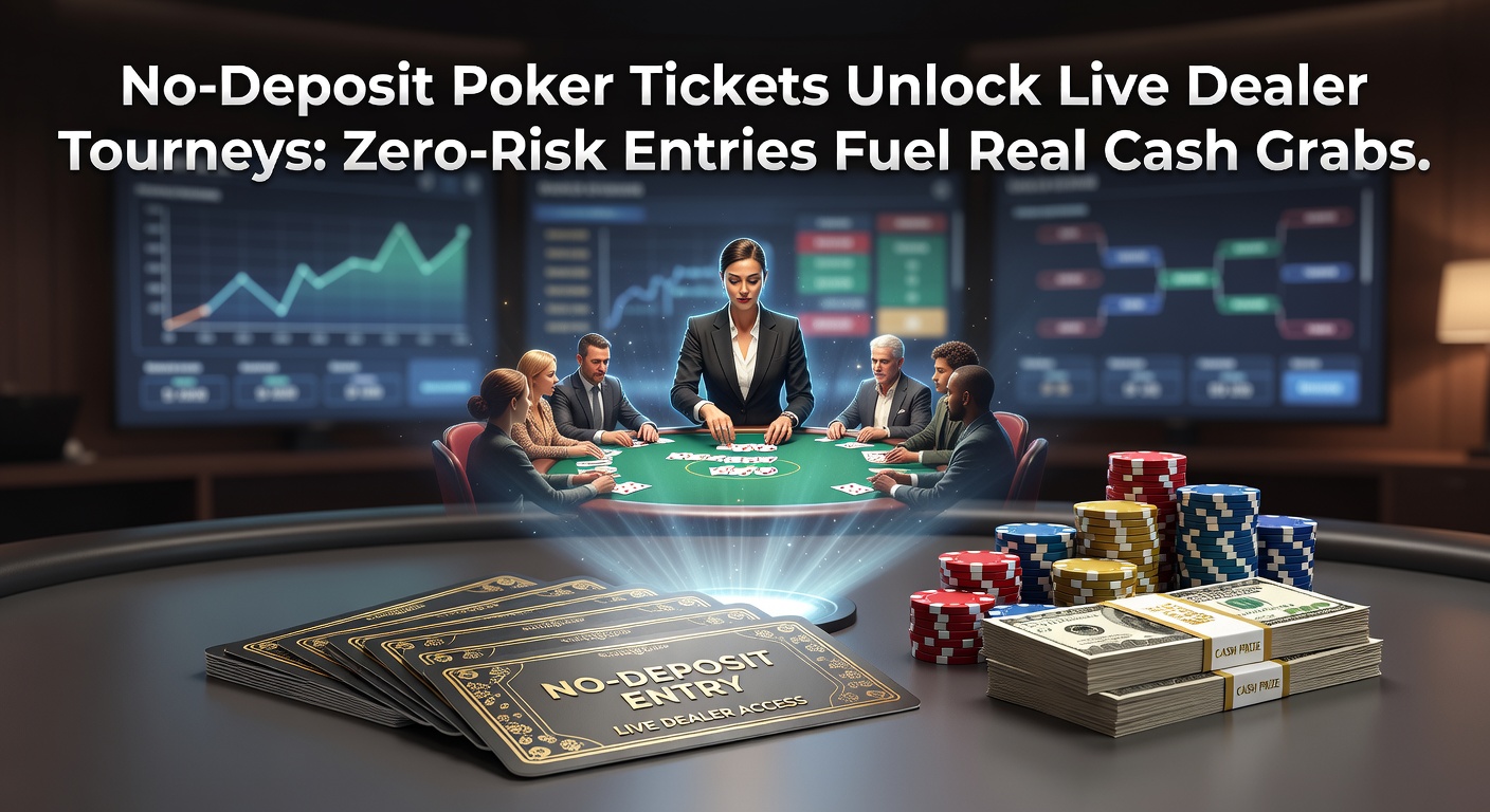 Close-up of a live poker dealer flipping cards on a high-tech table during a no-deposit tournament, with player screens and chip stacks visible