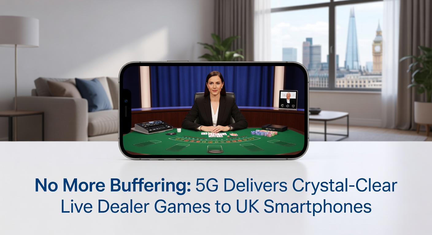 Close-up of a hand holding a smartphone mid-game on a live dealer poker table, 5G icon glowing in the status bar amid vibrant, lag-free visuals