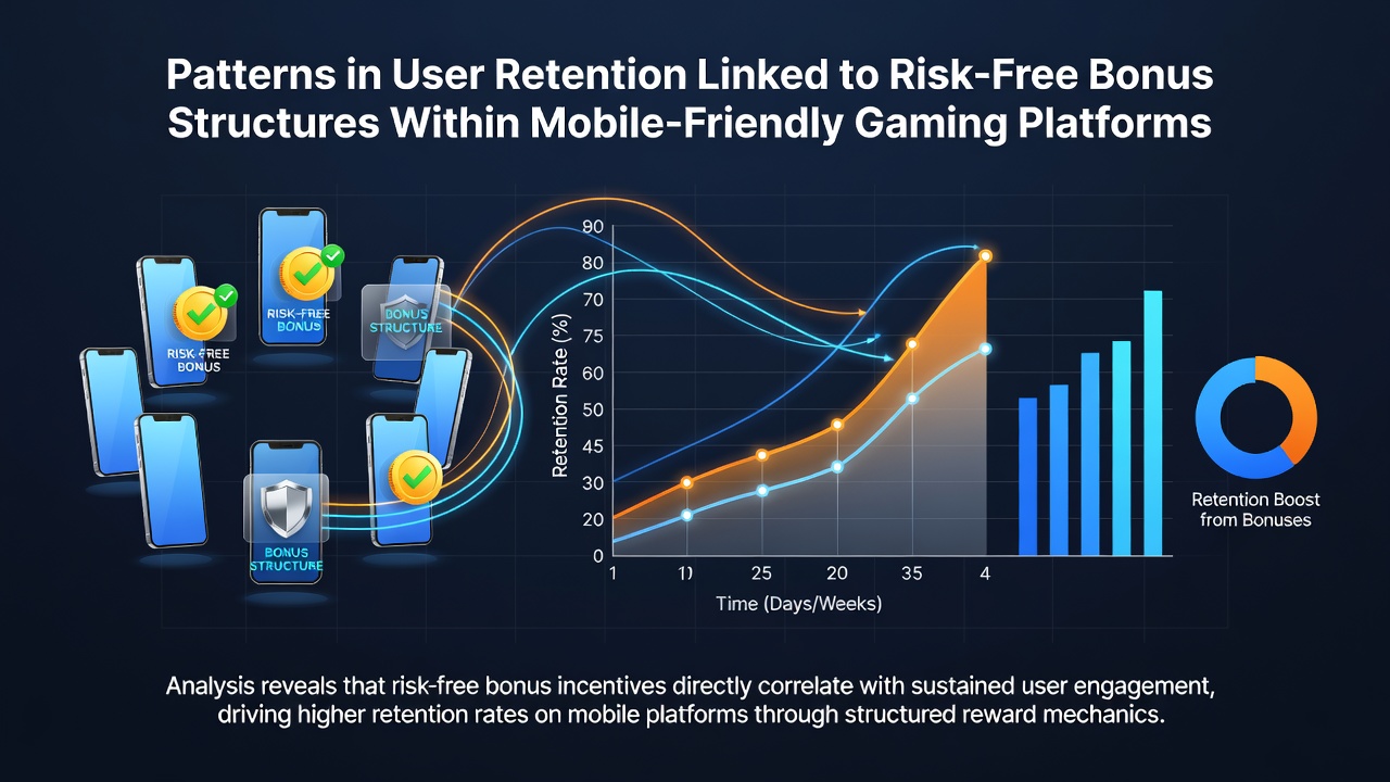Mobile gaming interface showing risk-free bonus offers on a smartphone screen with retention metrics overlay
