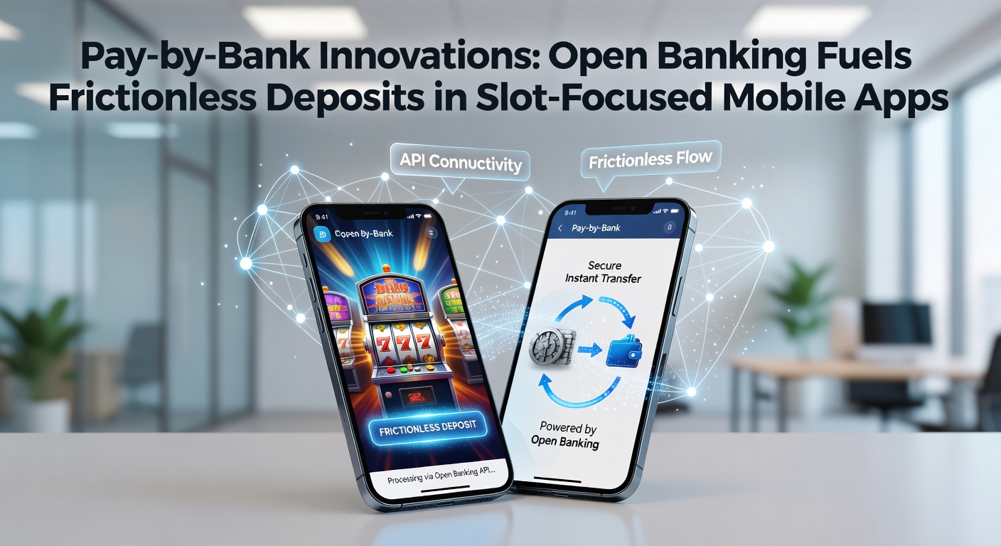 Digital interface showing open banking deposit flow in a slot app, with bank icons linking directly to a vibrant slot game screen
