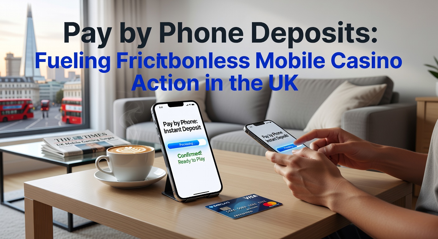 Smartphone displaying a mobile casino app with pay by phone deposit option highlighted, showing quick transaction confirmation