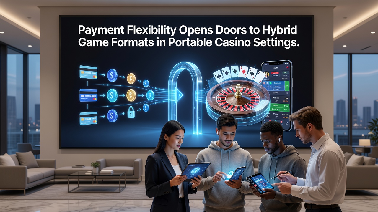 Portable casino terminal displaying hybrid slot and live dealer gameplay with integrated payment dashboard
