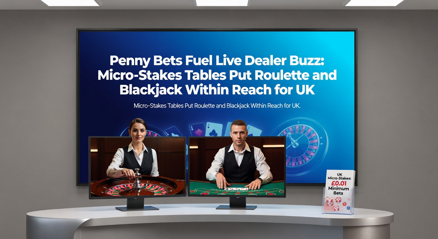 Close-up of a live blackjack table showing penny-level chips, dealer dealing cards with digital bet interface for UK audience