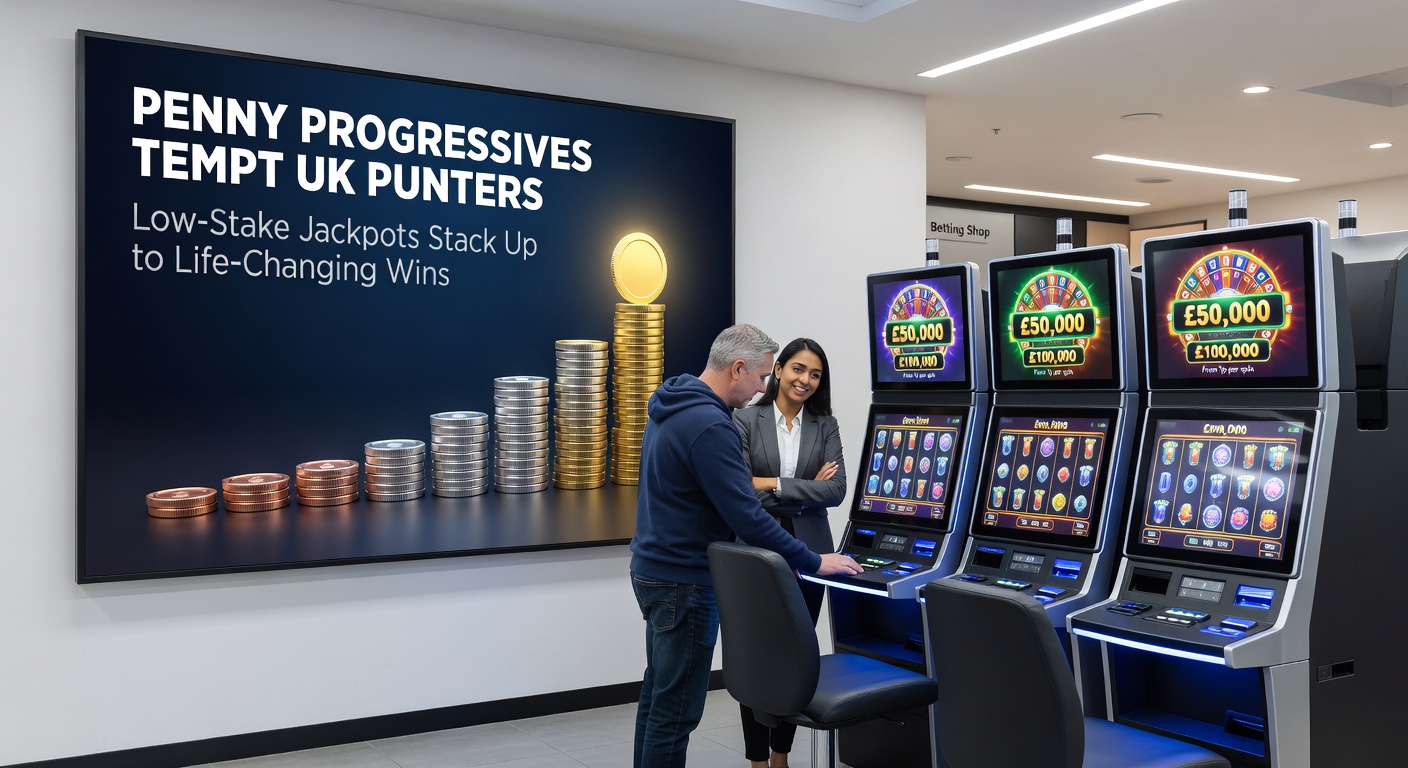 Close-up of a mobile slot interface showing a penny progressive jackpot at £5.4 million, with low-stake bet options highlighted and celebratory win animations