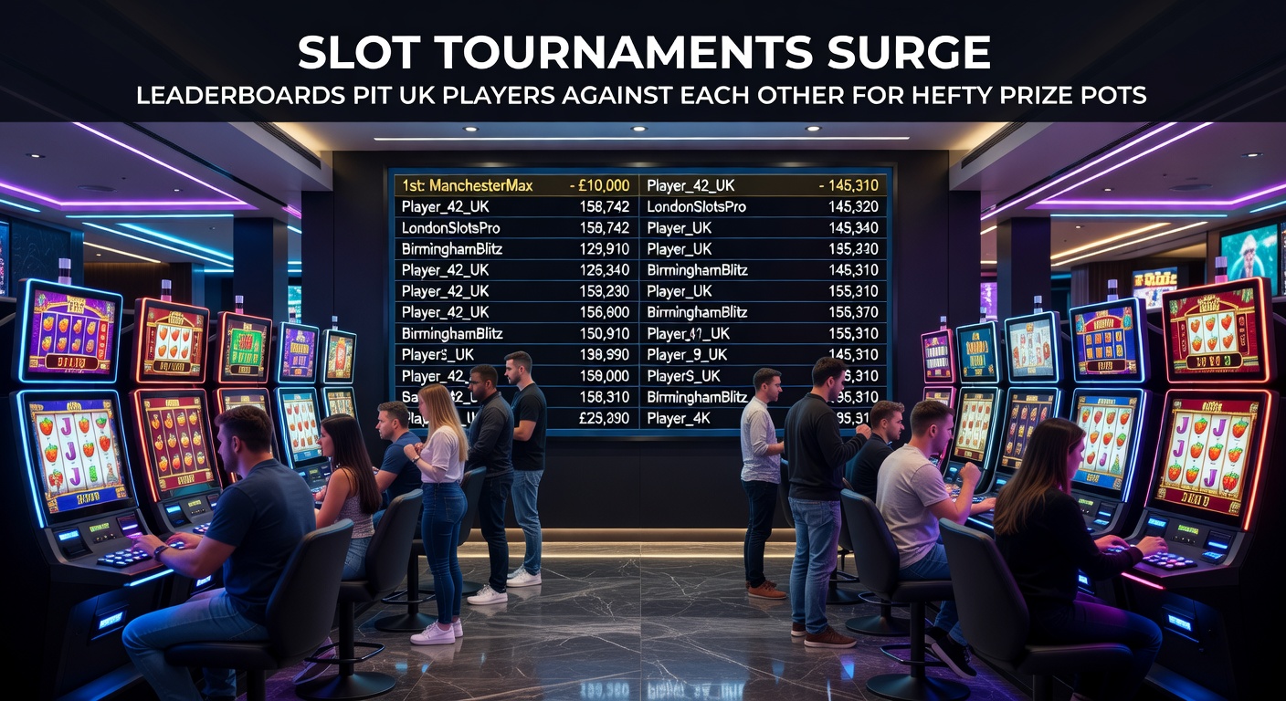 Vibrant leaderboard display from a slot tournament showing top players and escalating prize pots in a competitive UK casino environment