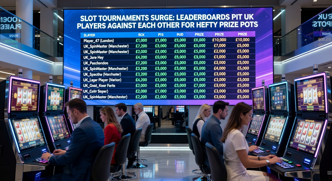 Dynamic screenshot of a mobile slot tournament leaderboard in action, featuring UK players' pseudonyms climbing ranks amid flashing prize notifications